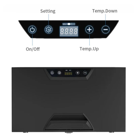 Black rockarmor 31 litre vehicle draw fridge with digital display and control buttons ideal for outback travellers
