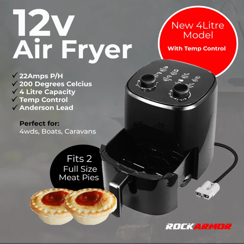 Black 12V Air Fryer from Rockarmor 4L 12V Vehicle Air Fryer for travel cooking