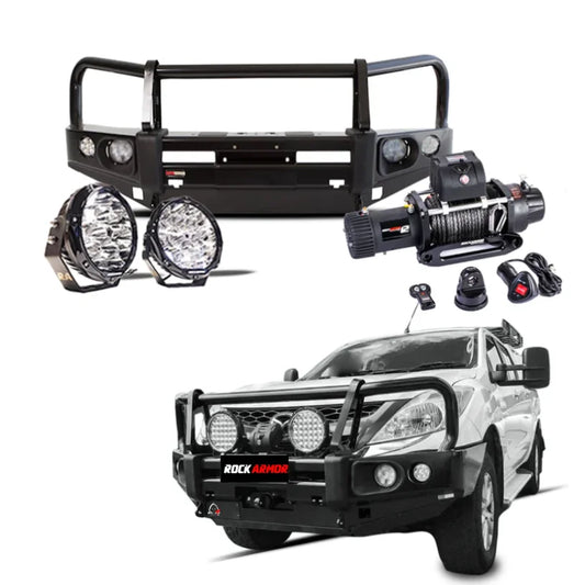 Truck bumper and accessories featuring Rockarmor Elite Bullbar and synthetic winch rope