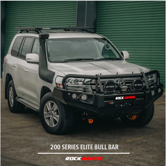 Silver SUV with black elite bullbar and synthetic winch rope on Toyota Landcruiser 200 Series