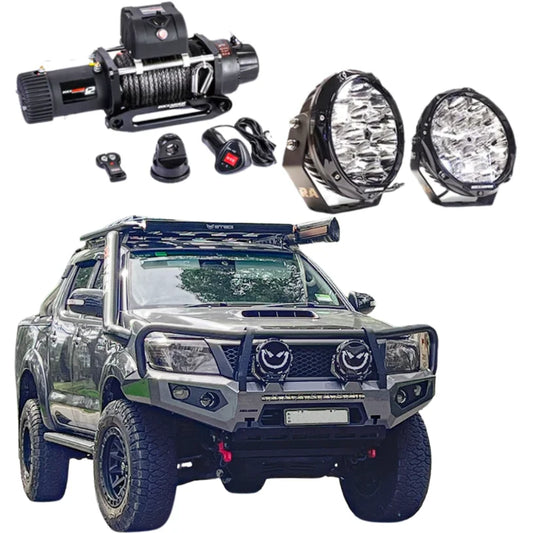 Off-road vehicle accessories including bull bar with driving lights and synthetic winch rope for Toyota Hilux N70