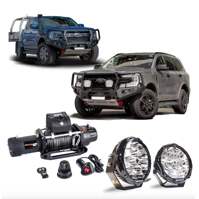 Off-road vehicle accessories featuring rockarmor gt steel hoop bullbar combo pack in black for Ford Everest 2015+ with synthetic winch rope