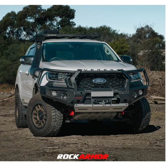 White Ford Everest equipped with rockarmor gt steel hoop bullbar combo pack and synthetic winch rope for off-road use