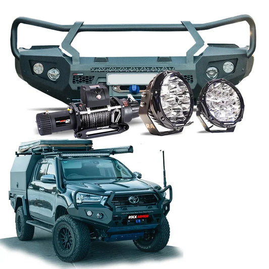 Rockarmor gt steel hoop bullbar combo pack in black steel for toyota hilux 2020-2025 with synthetic winch rope features