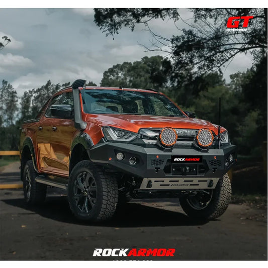 Orange mazda bt50 pickup truck equipped with rockarmor gt steel hoopless bullbar combo pack and aftermarket bumper