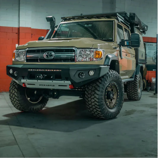 Tan Toyota Landcruiser with rockarmor gt steel hoopless bullbar combo pack and synthetic winch rope for off-road use