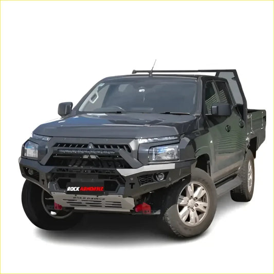 Black reinforced front bumper with red accents and rock automotive branding for mitsubishi mv triton 2024+ pickup truck