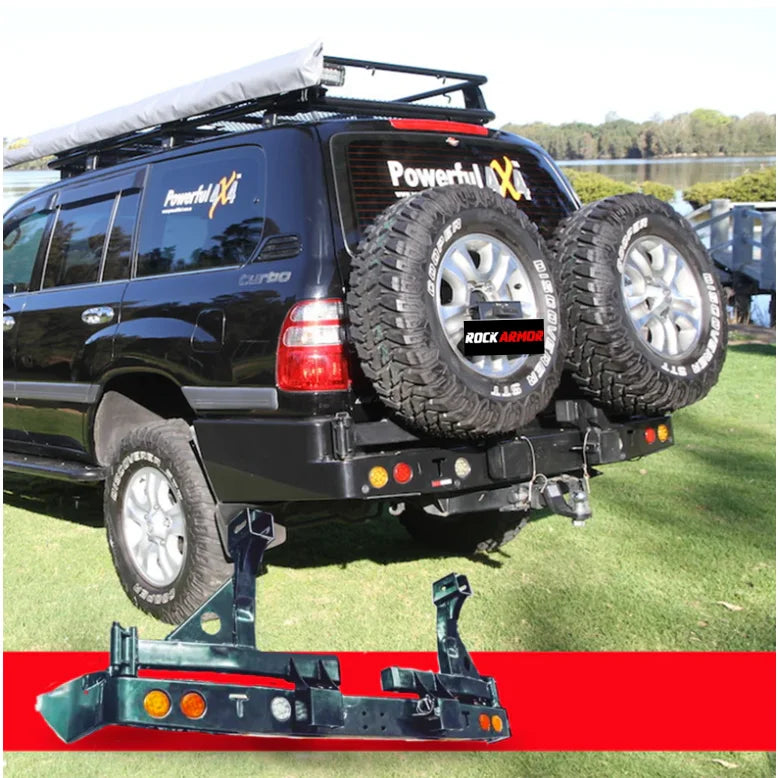 Black SUV with Rockarmor steel dual wheel carrier for spare wheel, fitting video included