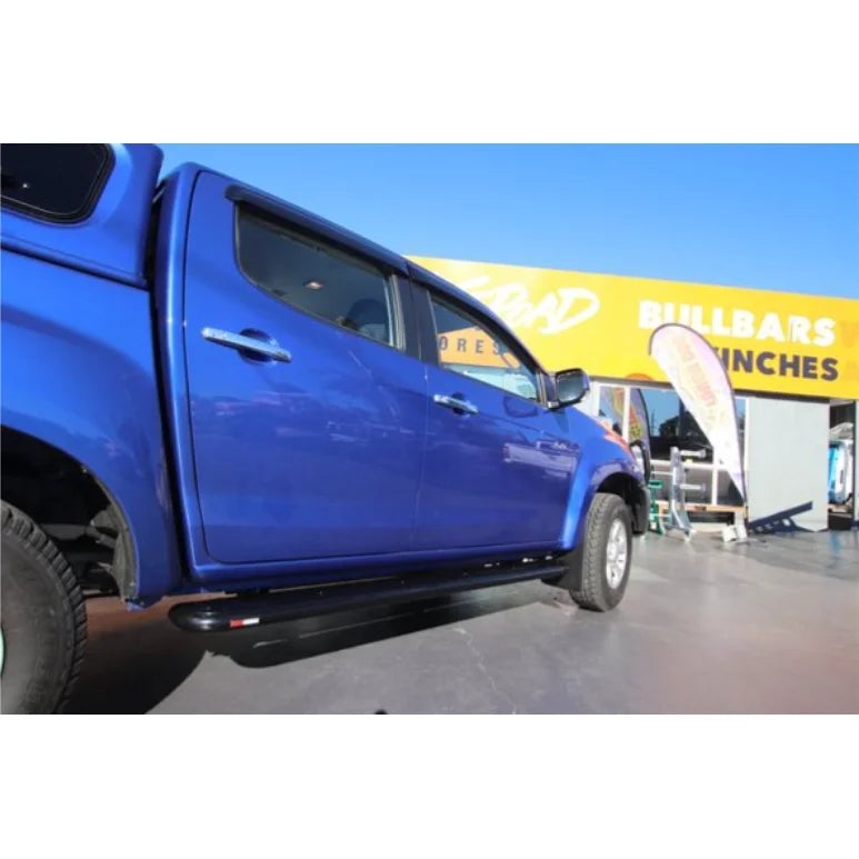 Blue pickup truck with Rockarmor Steel Rockslider Side Steps on Isuzu Dmax checker plate