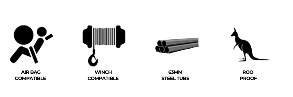 Icons showing elite bullbar features including synthetic winch rope for Toyota Land Cruiser