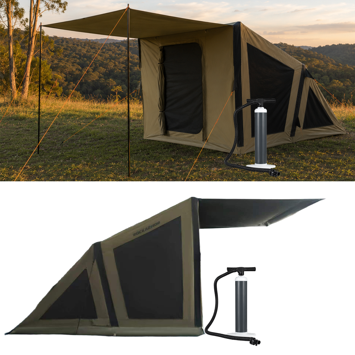 Rockarmor Inflatable Family Tent set up at camp with front awning extended