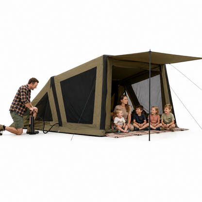 Rockarmor Inflatable Family Tent being inflated with the included hand pump, family seated inside