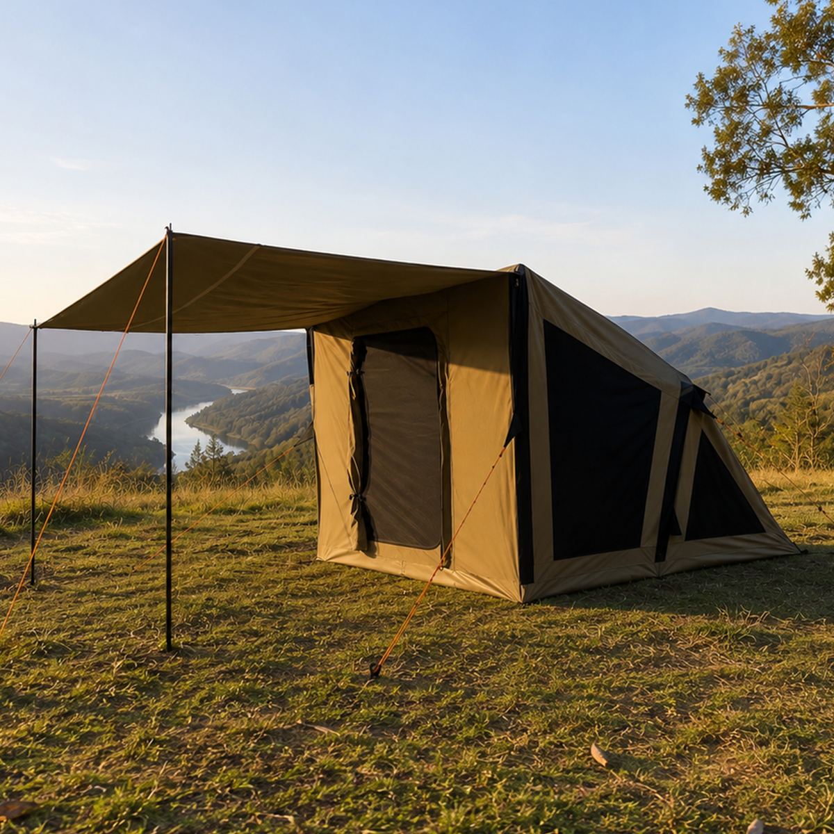Rockarmor Inflatable Family Tent pitched at a lakeside campsite at sunset