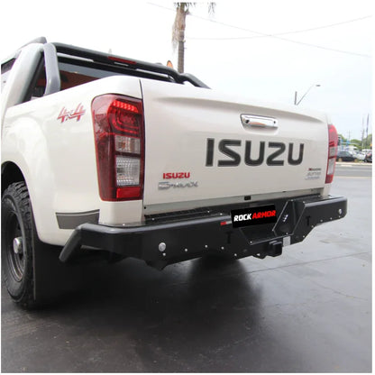 White isuzu d-max pickup truck rear view fitted with rockamor elite steel steel rear step towbar assembly