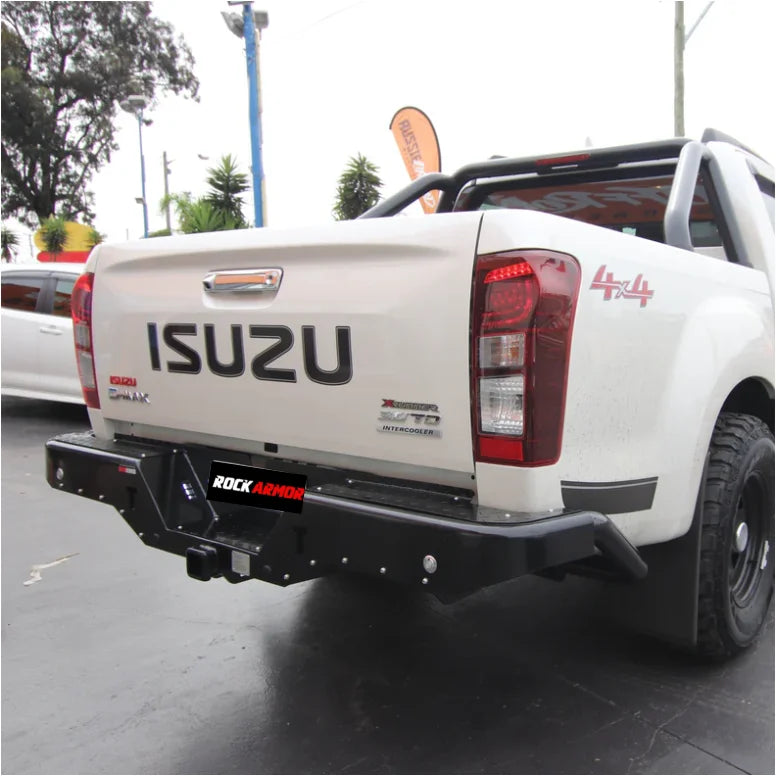 White isuzu pickup truck rear view fitted with rockamor elite steel rear step for towing and loading ease