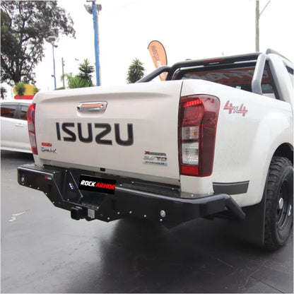 White isuzu pickup truck rear view fitted with rockamor elite steel rear step for towing and loading ease