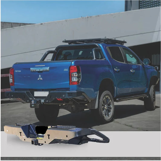 Blue Mitsubishi mr triton 2019 plus with rockarmor elite rear steel checker plate step and high lift jack towbar visible from back