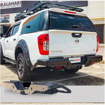 Black steel rear side of rockamor elite steel rear step towbar for nissan navara np300 d23 2015 to current