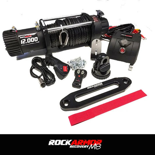 Black rockarmor 12,000lbs 4x4 bullbar winch with synthetic winch rope and wireless remote accessories displayed