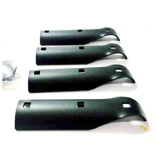 Four black plastic roof rack end caps with matte black textured finish for 52mm brush bar clamps by Rockarmor