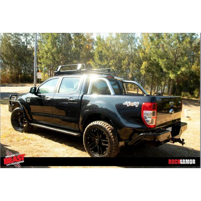 Black ford ranger px1 with rockarmor brush bar front bumper guard for off-road protection and durability