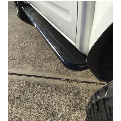 Black rockarmor rockslider running board made of premium steel to suit nissan navara d40 2005-2015 back side view