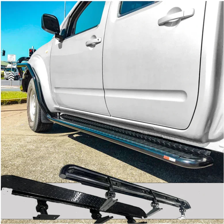 Silver pickup truck equipped with Rockarmor rockslider premium steel brushbar for Nissan Navara D40 2005-2015 model