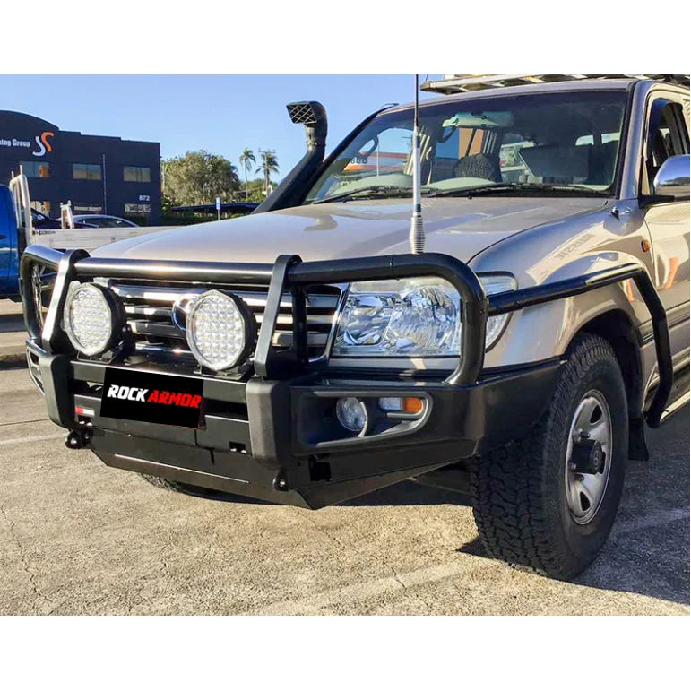 Modified black steel rockarmor rockslider brushbar designed to suit Toyota Landcruiser bull bar models 1998-current