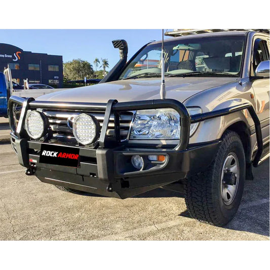 Modified black steel rockarmor rockslider brushbar designed to suit Toyota Landcruiser bull bar models 1998-current