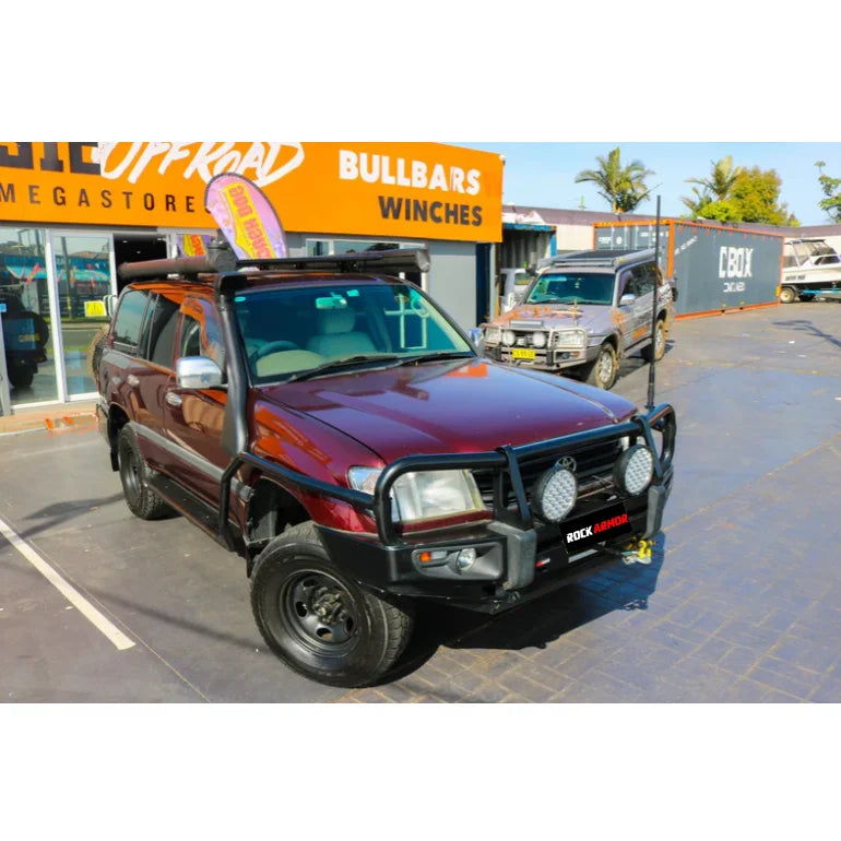 Maroon toyota landcruiser with black rockarmor brushbar and bull bar to suit toyota landcruiser models 1998-current