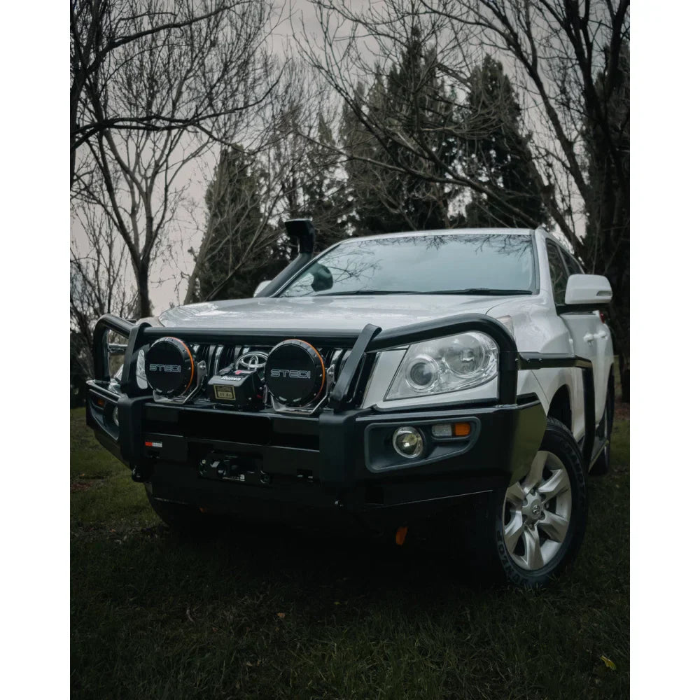 White rockarmor premium steel brush bar fitted to Toyota Prado 150 series with black GT toyota prado bull bar