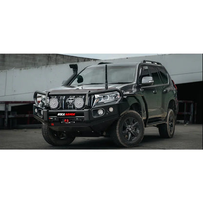 Black off-road suv fitted with premium steel rockarmor brushbar to suit toyota prado bull bar gt model