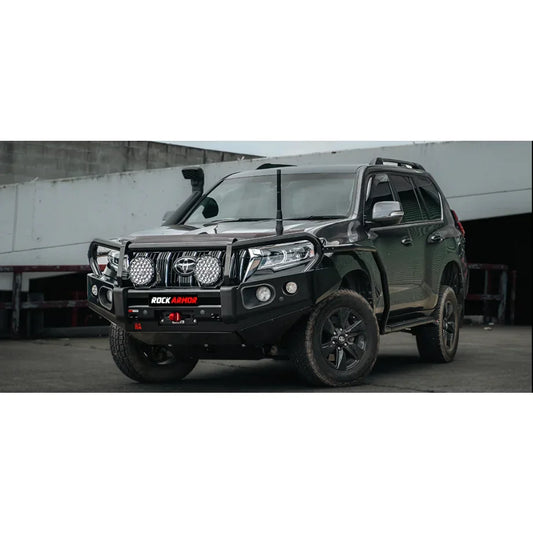Black rockarmor brushbar for Toyota Prado 150 series designed to suit elite bullbar and off-road use