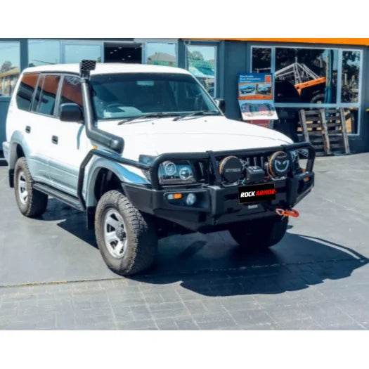 White toyota prado bull bar with black premium steel rockarmor brushbar designed for 90 and 95 series 1995-2003