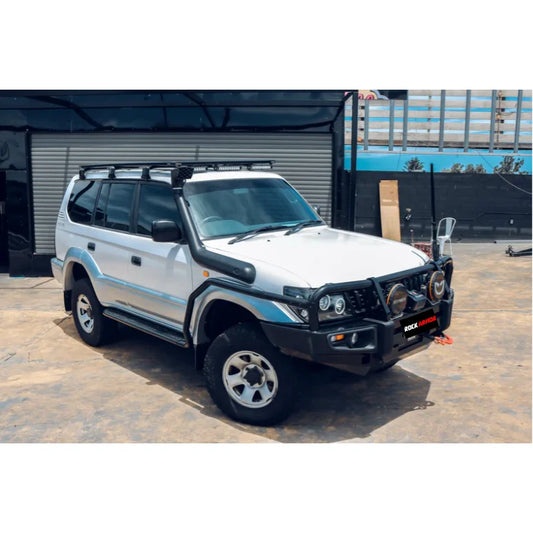 White toyota prado 90 95 series 1995 2003 with rockarmor premium steel brush bars and toyota prado bull bar