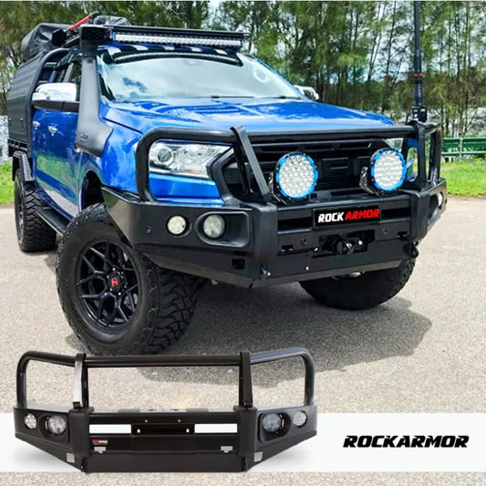 Blue off-road Ford Ranger with rockarmor elite bullbar featuring black synthetic winch rope for 2005-2020 PX1 and 2 models