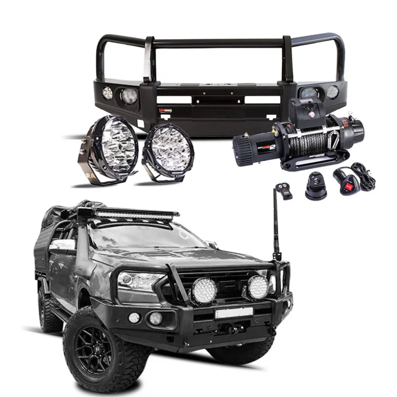 Rockarmor elite bullbar frontal combo in black steel with synthetic winch rope for ford ranger 2005-2020 px1 & 2