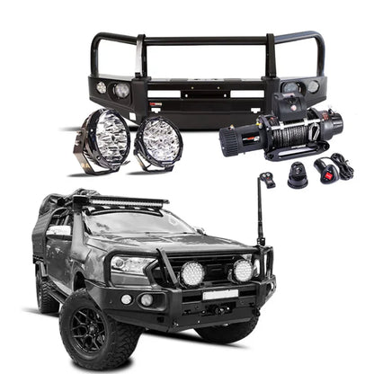 Rockarmor elite bullbar frontal combo in black steel with synthetic winch rope for ford ranger 2005-2020 px1 & 2