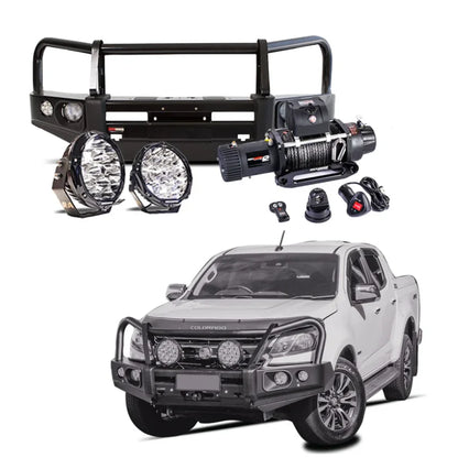 Rockarmor elite bullbar frontal combo in black steel with synthetic winch rope for holden colorado 2012-2020
