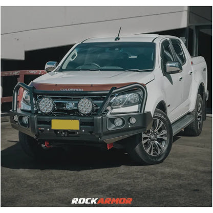 White holden colorado pickup truck fitted with rockarmor elite bullbar frontal and synthetic winch rope