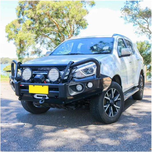 White Isuzu Mu-X with rockarmor elite bullbar black synthetic winch rope and integrated driving lights front view
