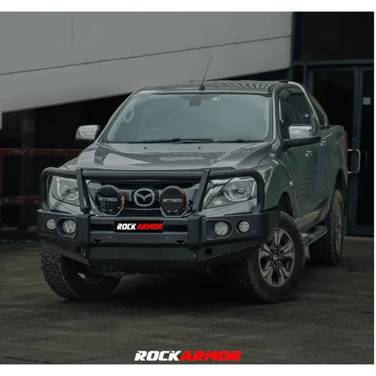 Gray mazda pickup truck fitted with rockarmor elite bullbar frontal combo and synthetic winch rope for mazda suit