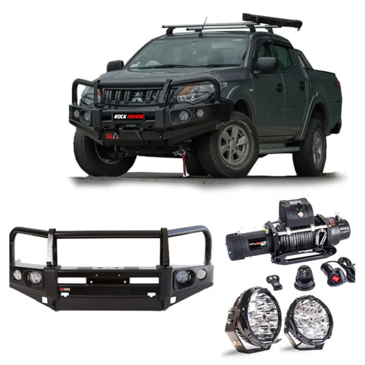 Rockarmor elite bullbar frontal combo in black steel equipped with synthetic winch rope for mitsubishi triton mq
