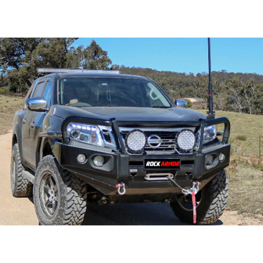 Black off-road Nissan Navara NP300 fitted with rockarmor elite bullbar and synthetic winch rope frontal combo