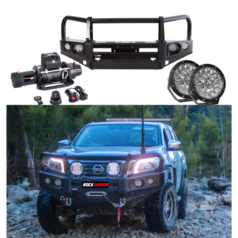 Rockarmor elite bullbar frontal combo in black steel with synthetic winch rope for nissan navara np300 off-road use