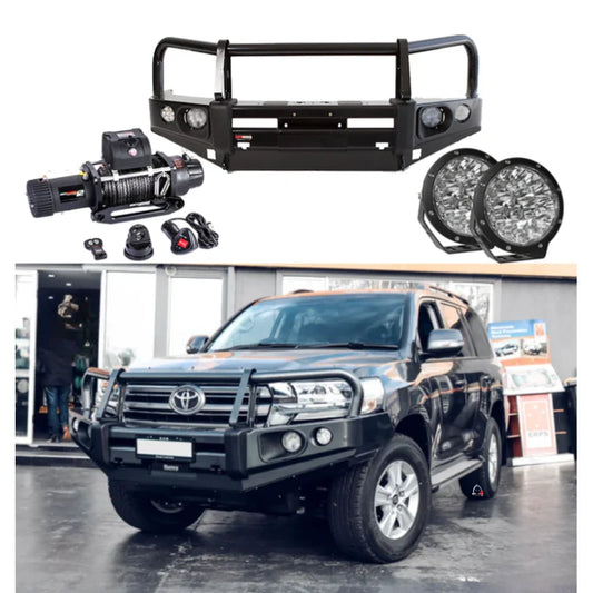 Black rockarmor elite bullbar frontal combo with synthetic winch rope suit toyota lancruiser 200 series 2015-2021