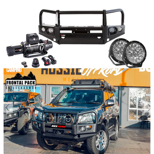 Rockarmor elite bullbar frontal combo in black steel with synthetic winch rope for toyota prado 150 2009-2013