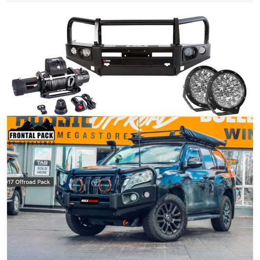 Rockarmor elite bullbar frontal combo in black steel with synthetic winch rope for toyota prado 150 tear drop