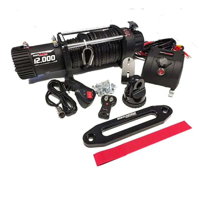 Black electric winch with synthetic winch rope and accessories for rockarmor elite bullbar on toyota prado 150