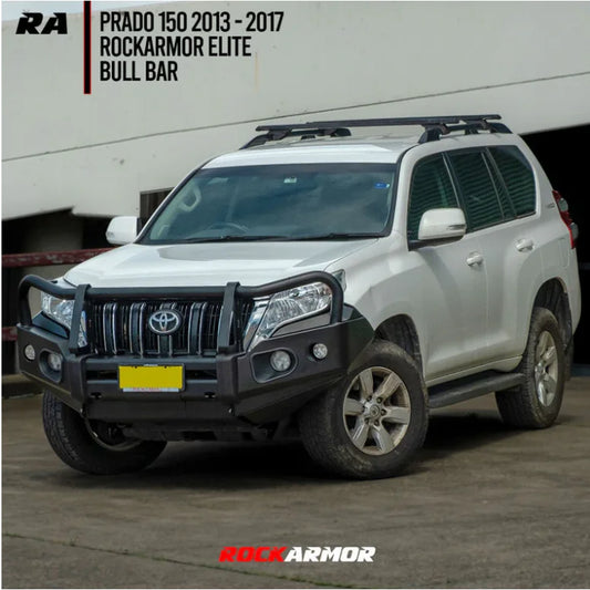 Silver toyota prado fitted with rockarmor elite bullbar frontal combo featuring a black tear drop bull bar and synthetic winch rope